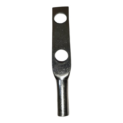 Metal terminal with two holes on a white background