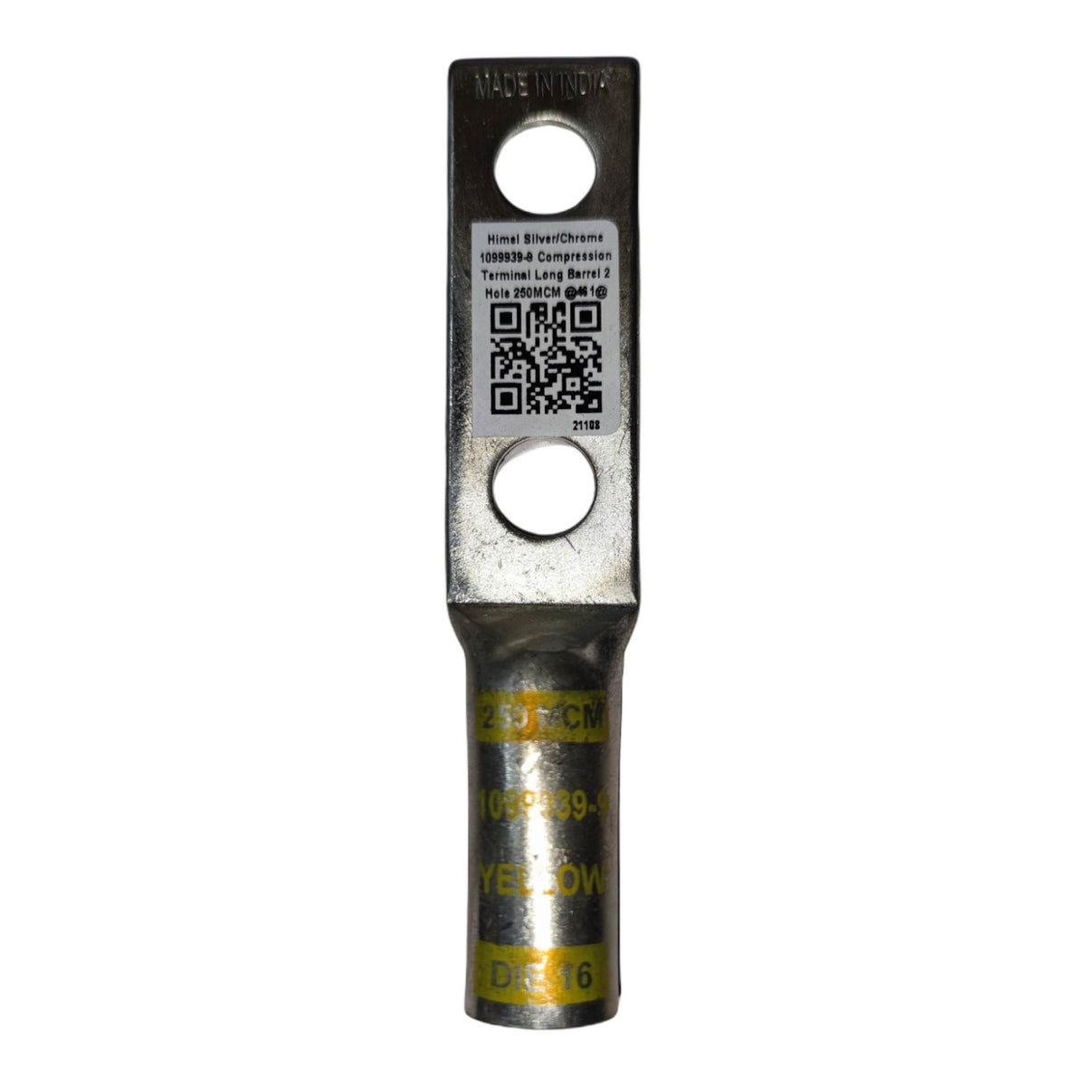 Metal terminal with a QR code label on a white background