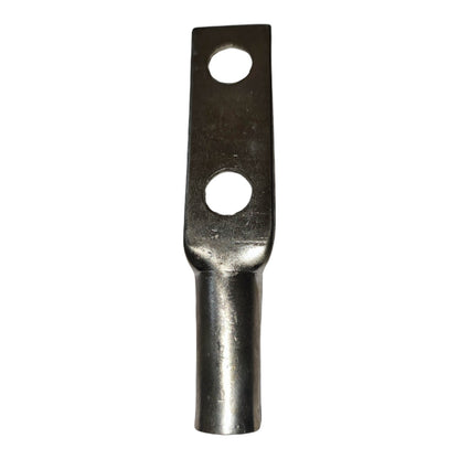 Metal terminal with two holes on a white background