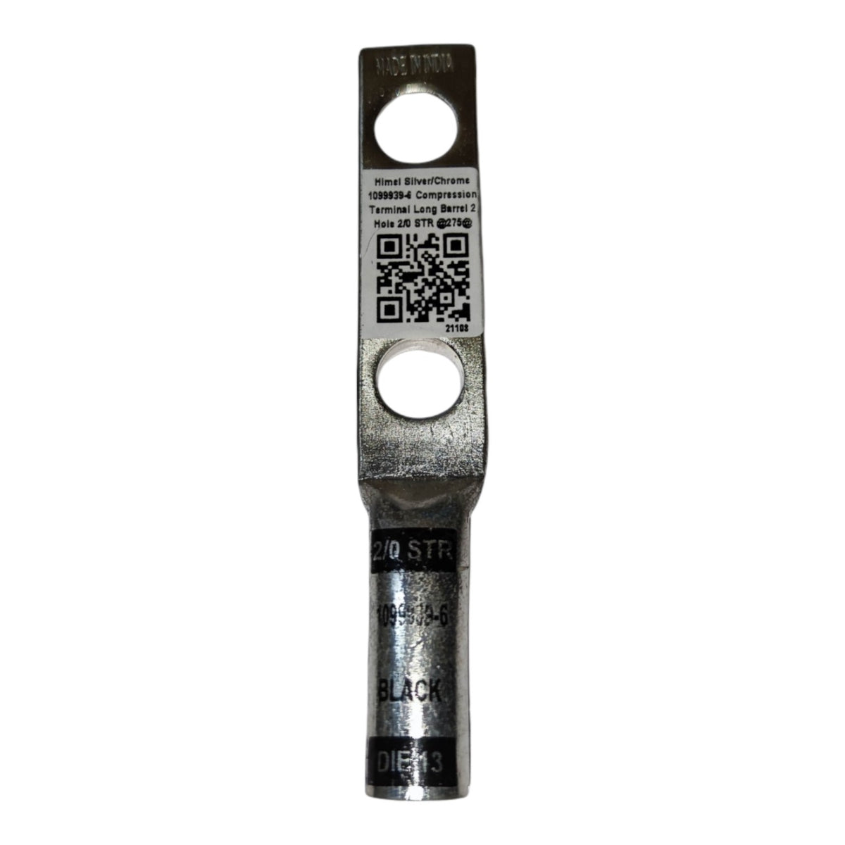 Metal terminal with branding and specifications on a white background