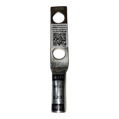Metal terminal with branding and specifications on a white background