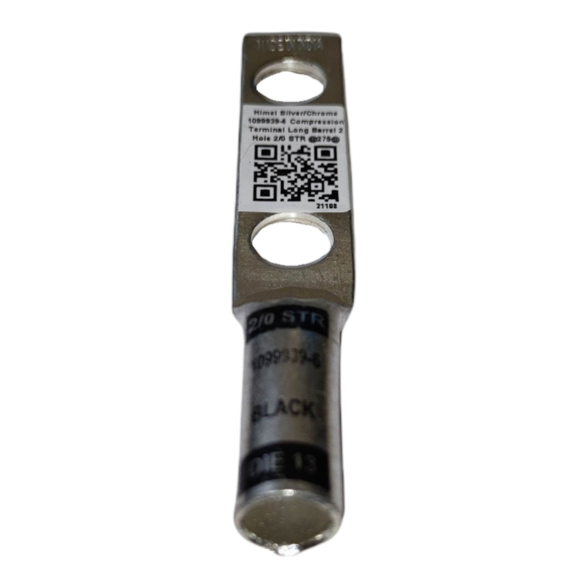 Metallic terminal with label and QR code on a white background