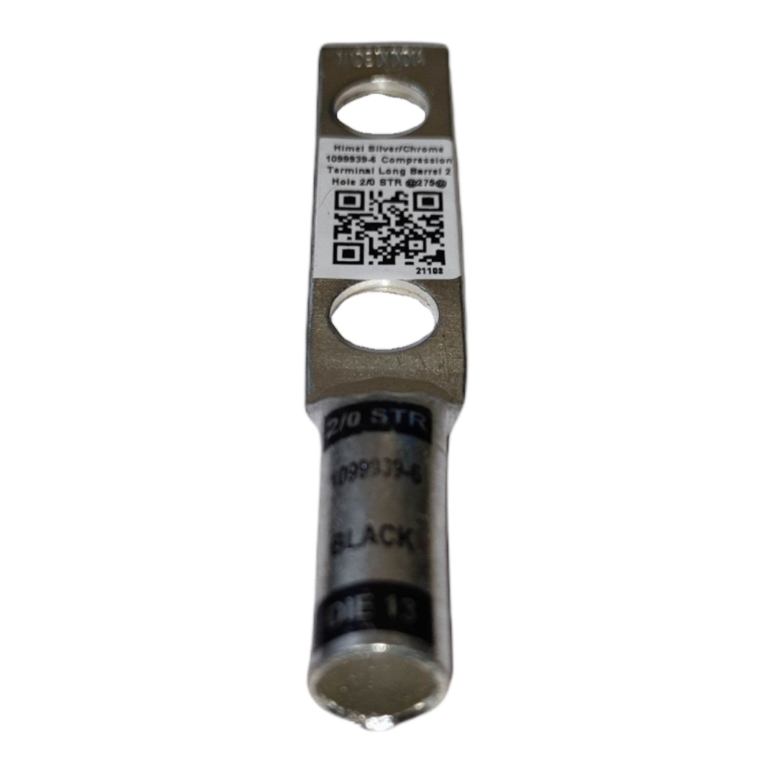 Metallic terminal with label and QR code on a white background