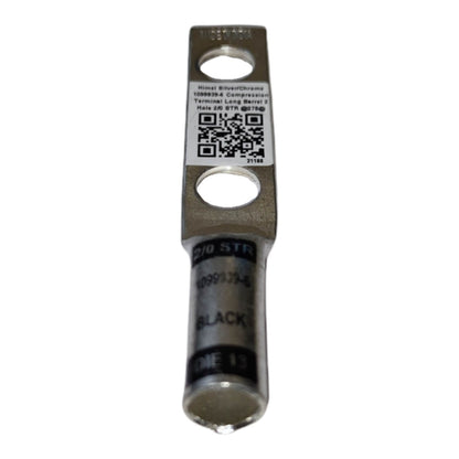 Metallic terminal with label and QR code on a white background
