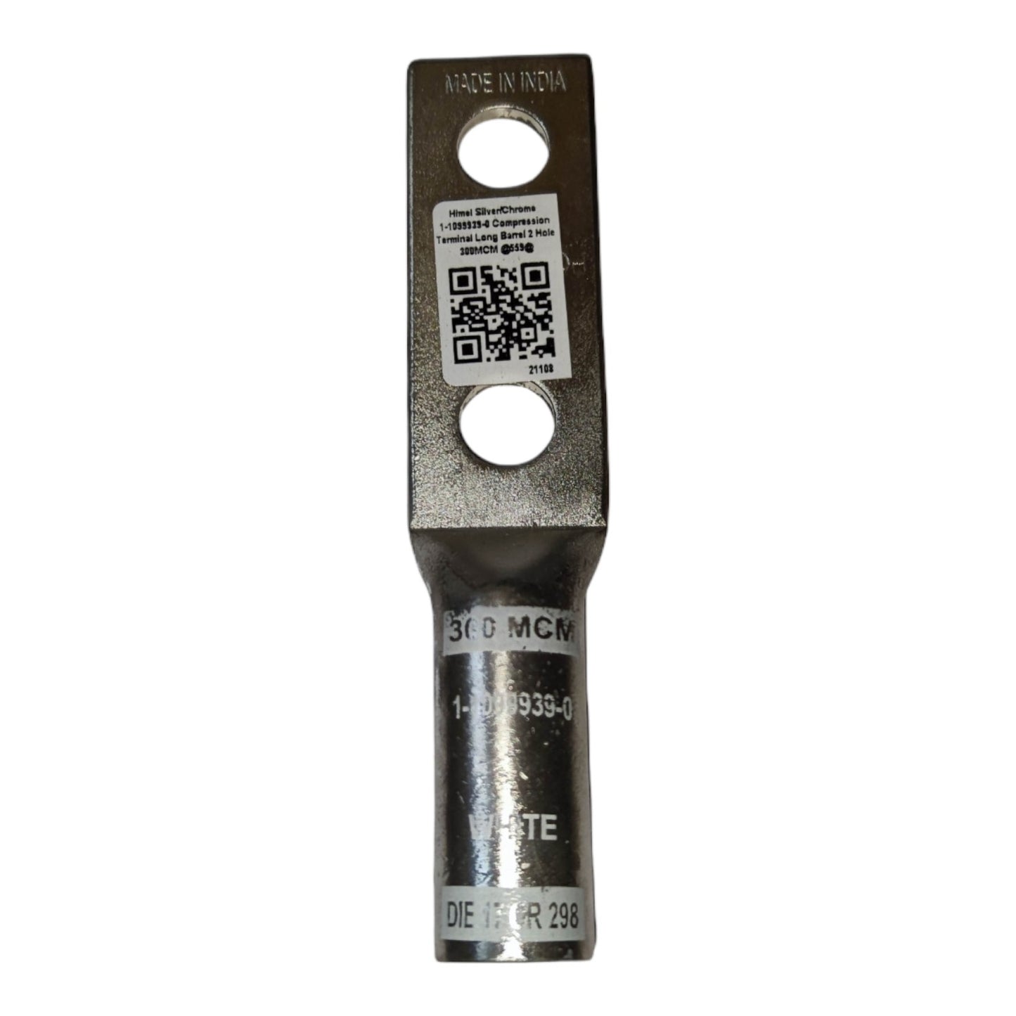 Metal terminal block with multiple labels on a white background