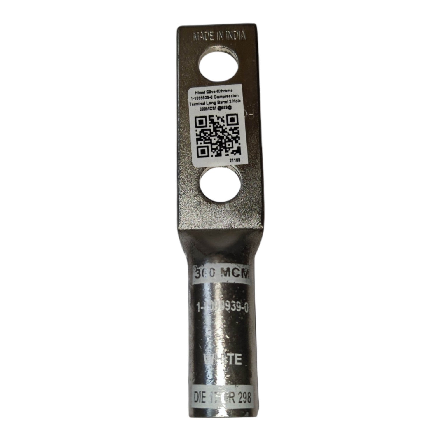 Metal terminal block with multiple labels on a white background