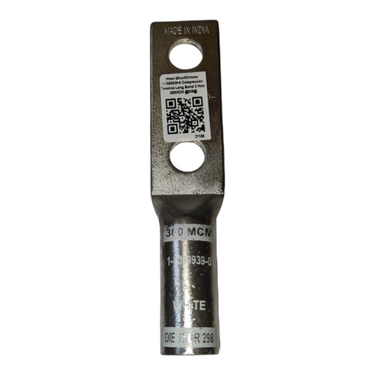 Metal terminal block with multiple labels on a white background