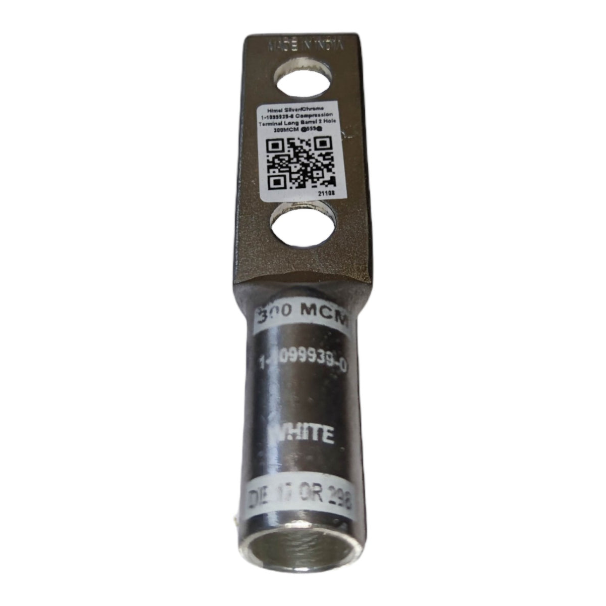 Metal electrical connector with labels and a QR code on a white background