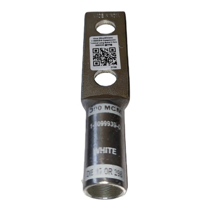 Metal electrical connector with labels and a QR code on a white background
