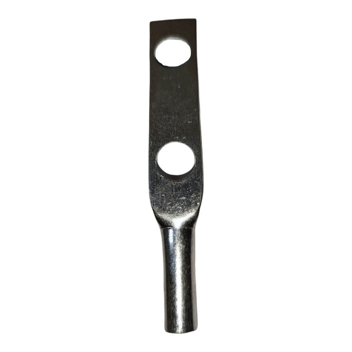 Metal terminal with two holes on a white background