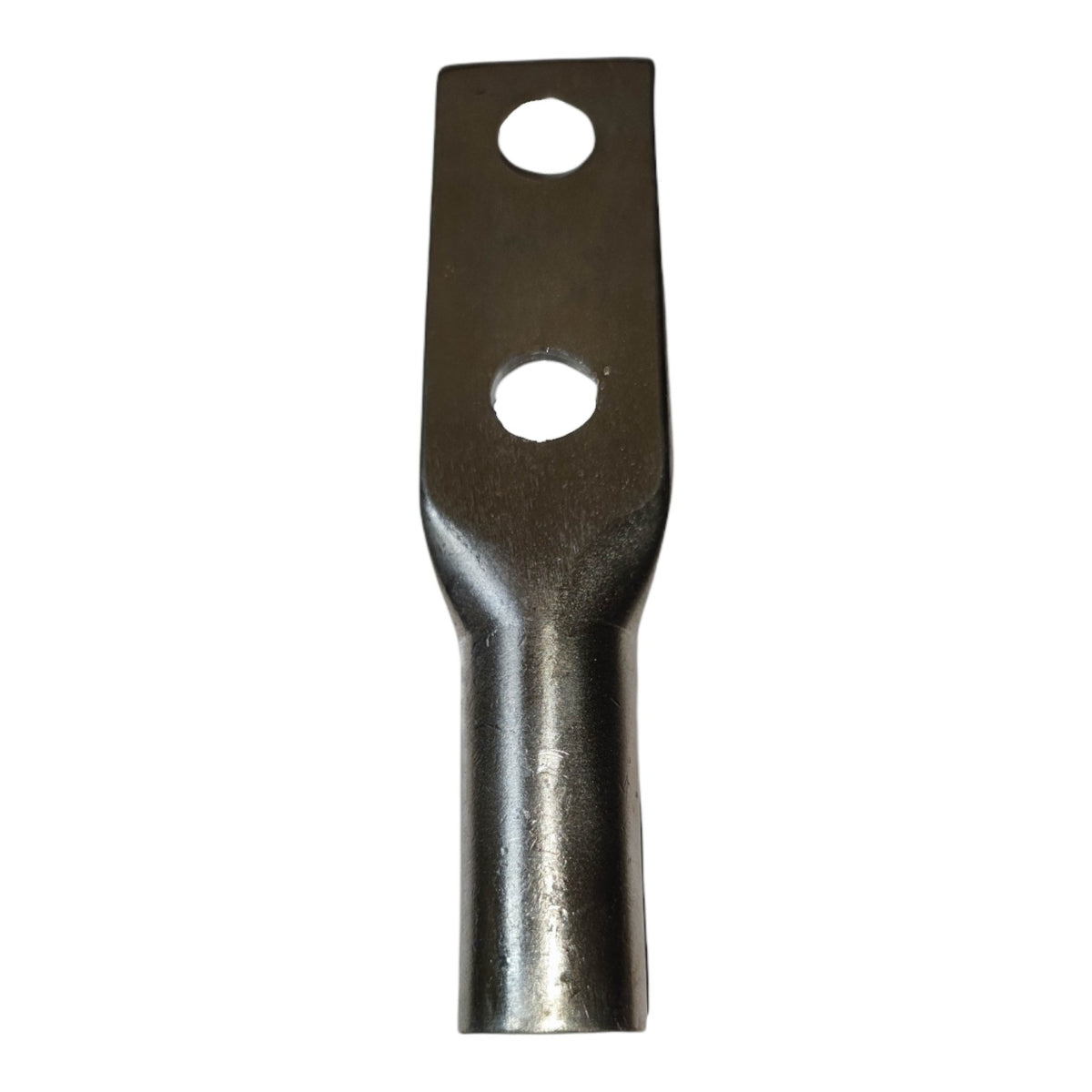 Metal terminal with two holes on a white background