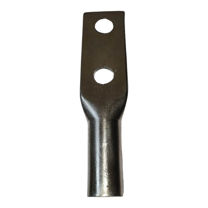 Metal terminal with two holes on a white background