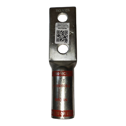 Metal terminal block with branding and QR code on a white background