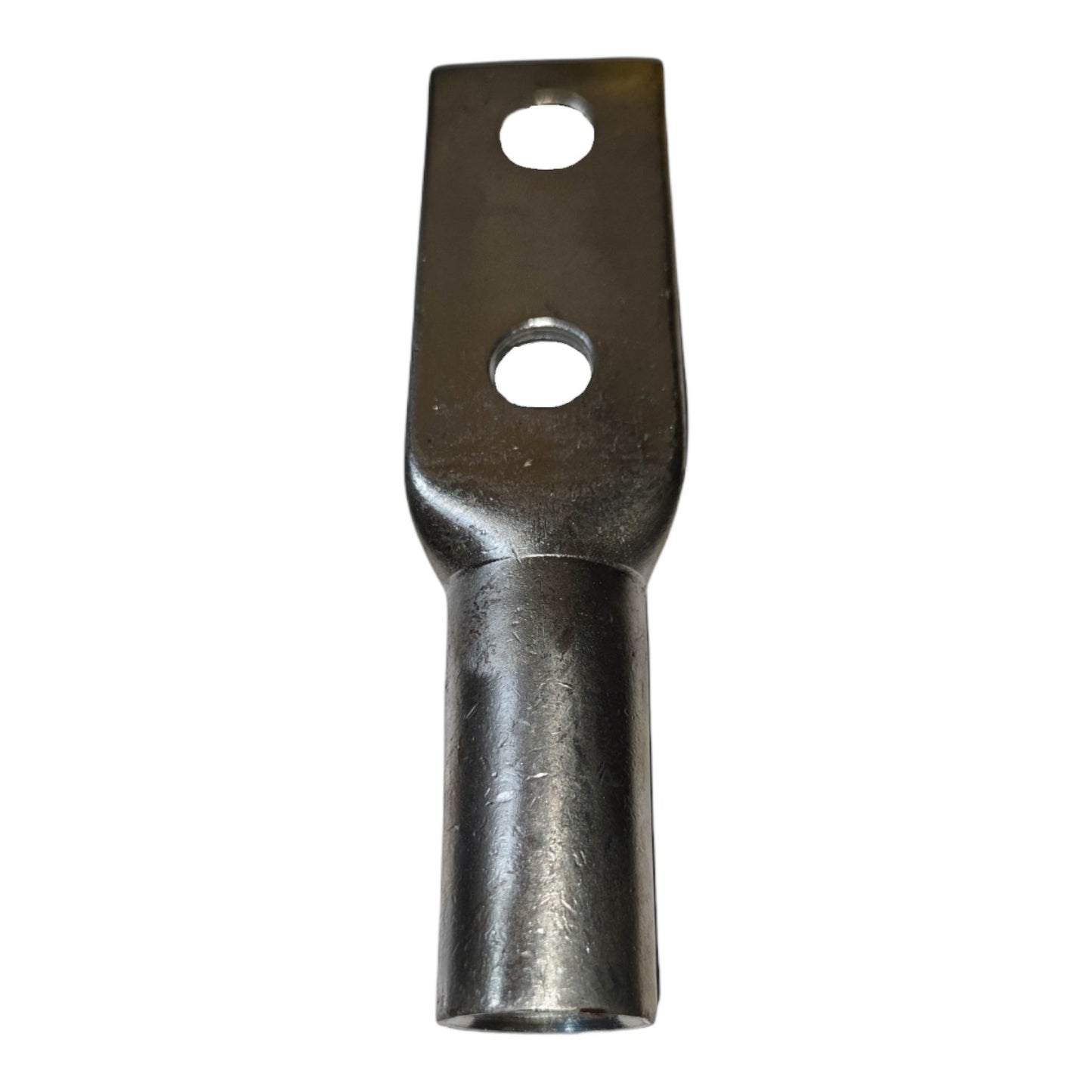 Metal terminal with two holes on a white background