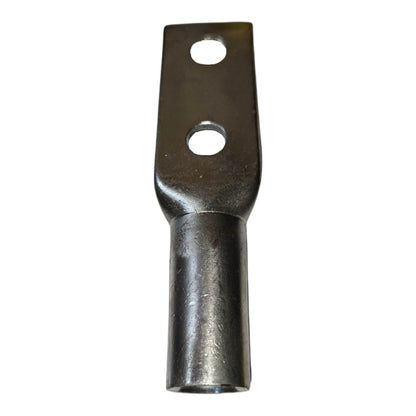Metal terminal with two holes on a white background