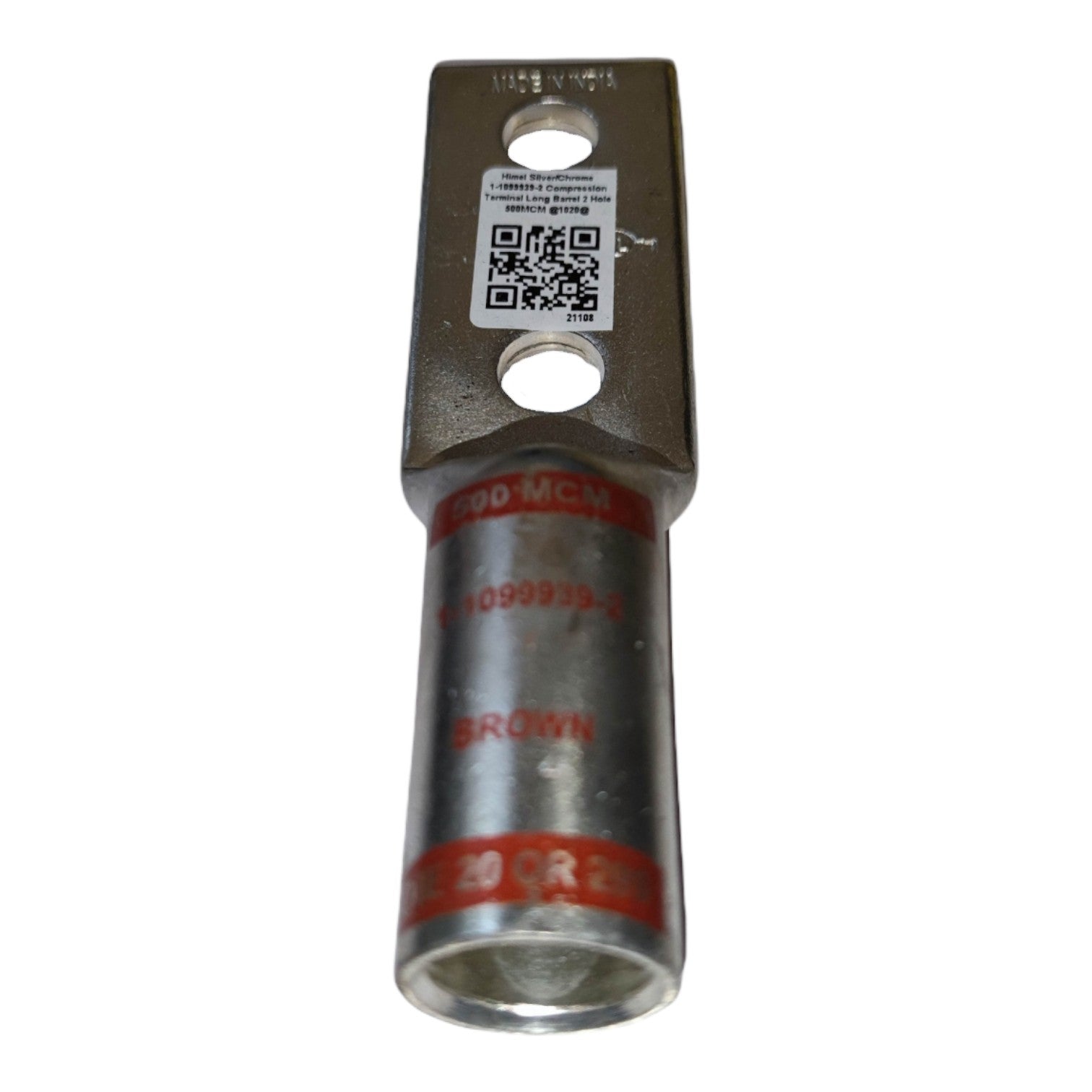 Metal electrical connector with QR code label on a white background