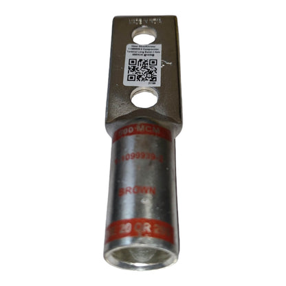 Metal electrical connector with QR code label on a white background