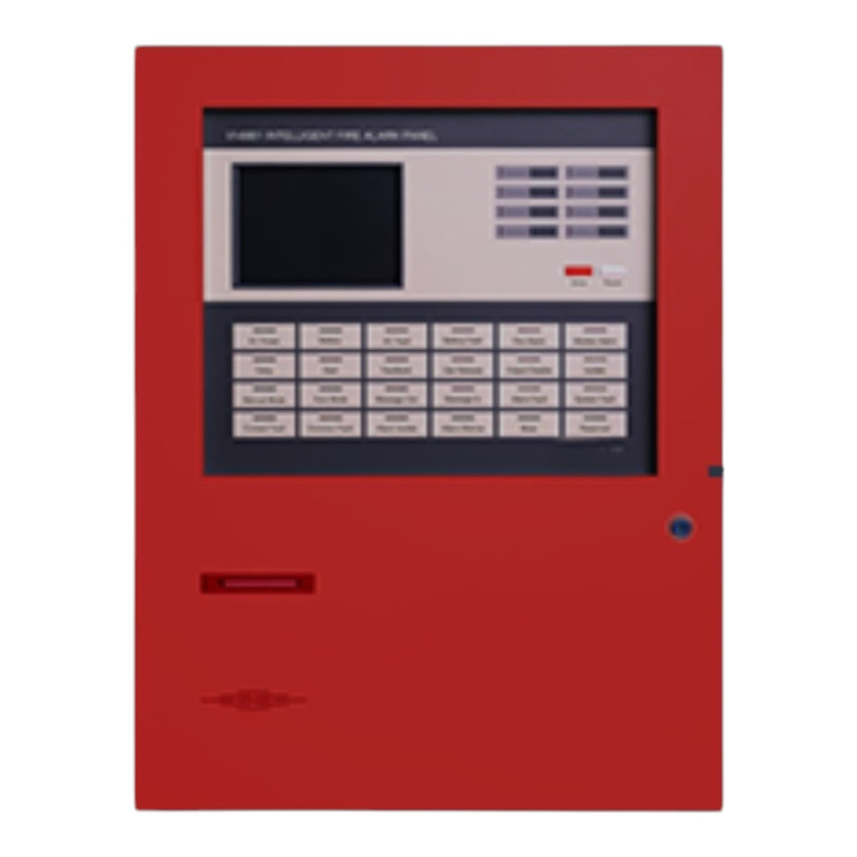 A red fire alarm control panel with a black screen, gray keypad, and white button labels, shown against a plain white background.