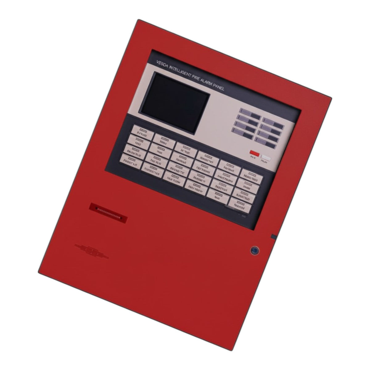 A red fire alarm panel control unit with a black screen and white buttons, shown at an angle on a plain white background.