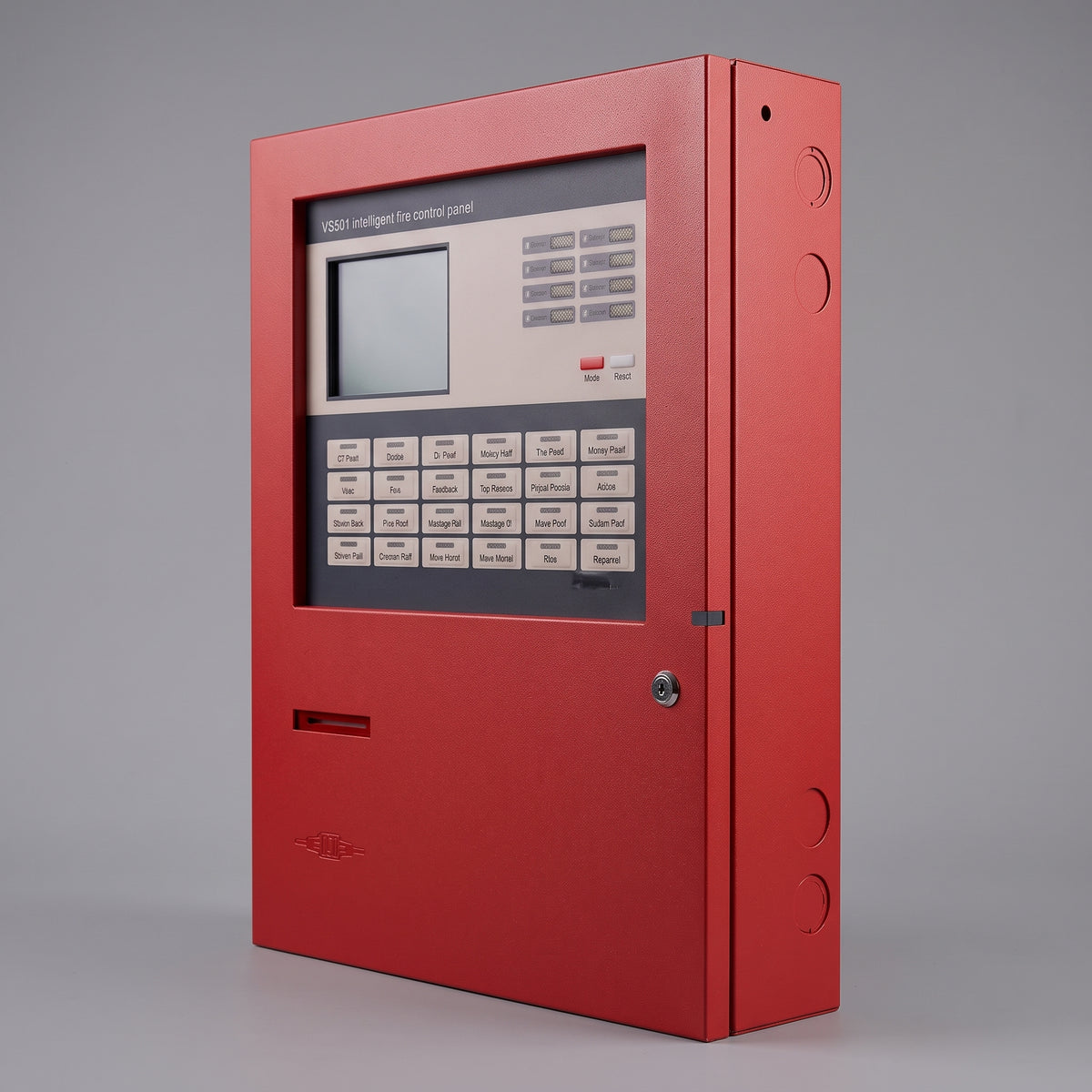 A red fire alarm control panel cabinet with a front display screen, keypad, and labeled buttons, photographed on a clean light gray studio background.
