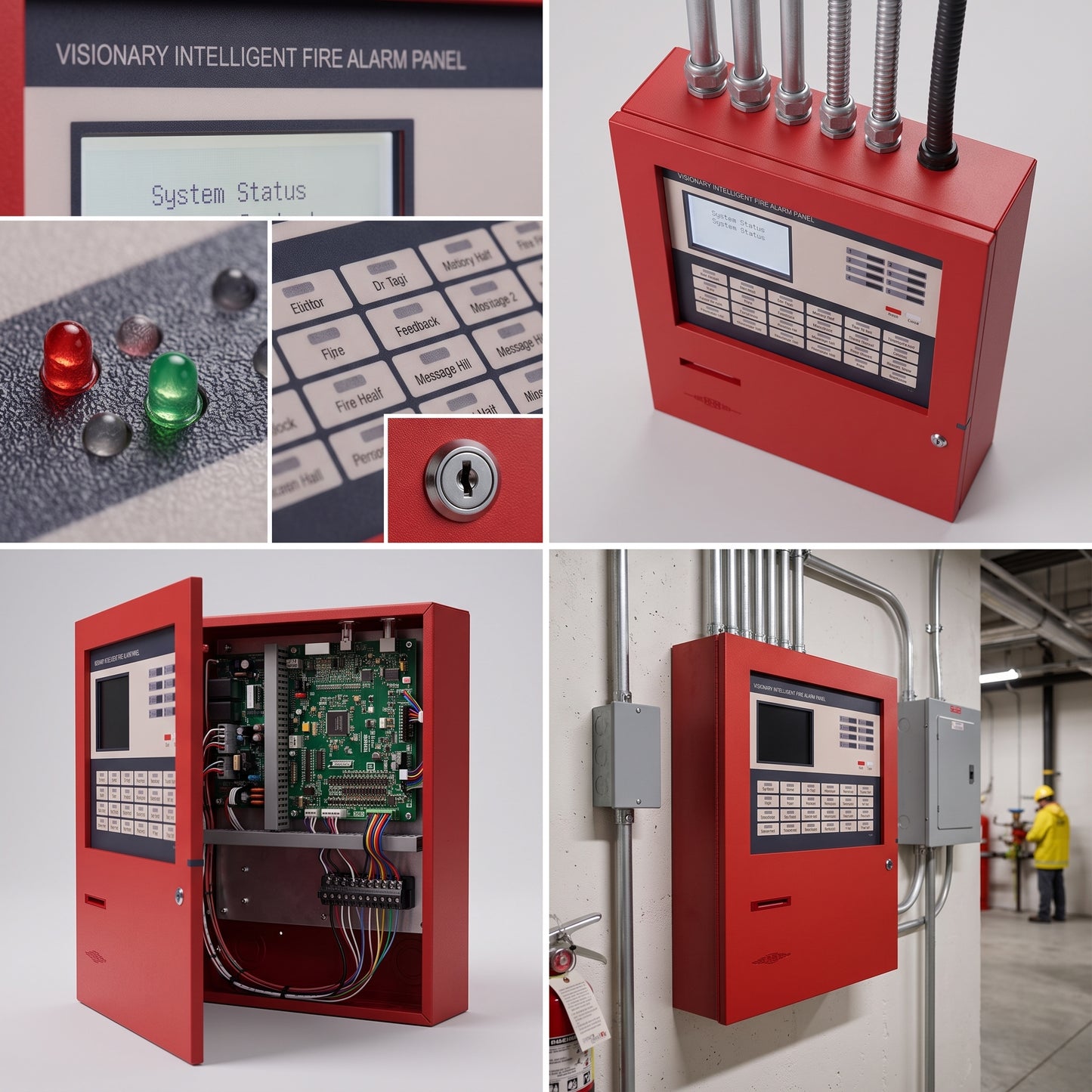 A collage showing a red intelligent fire alarm control panel from multiple angles, including front control panel, open interior with circuitry and push buttons, close-ups of indicator lights/keypad, and one installed on a wall in an industrial setting.