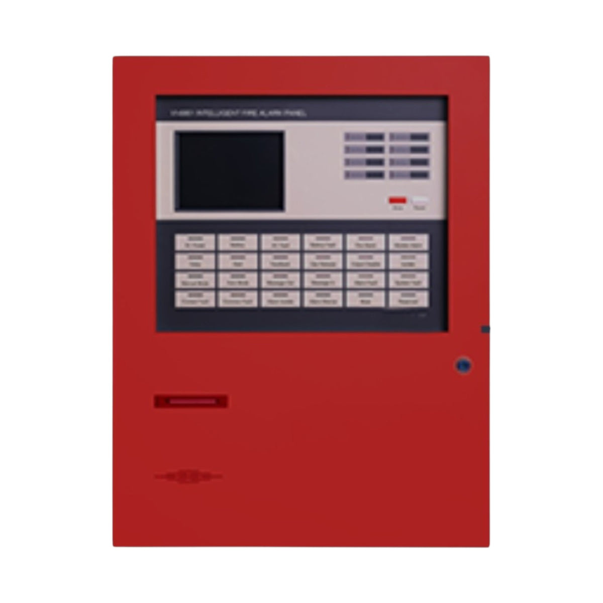 A red fire alarm control panel with a digital display screen, numeric keypad, and multiple labeled buttons, shown against a plain white background.