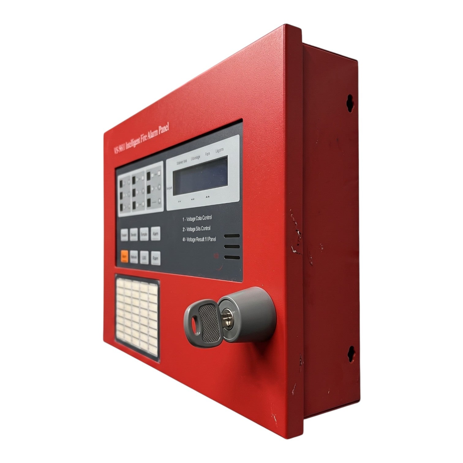 A red industrial alarm panel with a digital display screen, control buttons, a keypad, and a keyhole lock, shown on a plain white background.