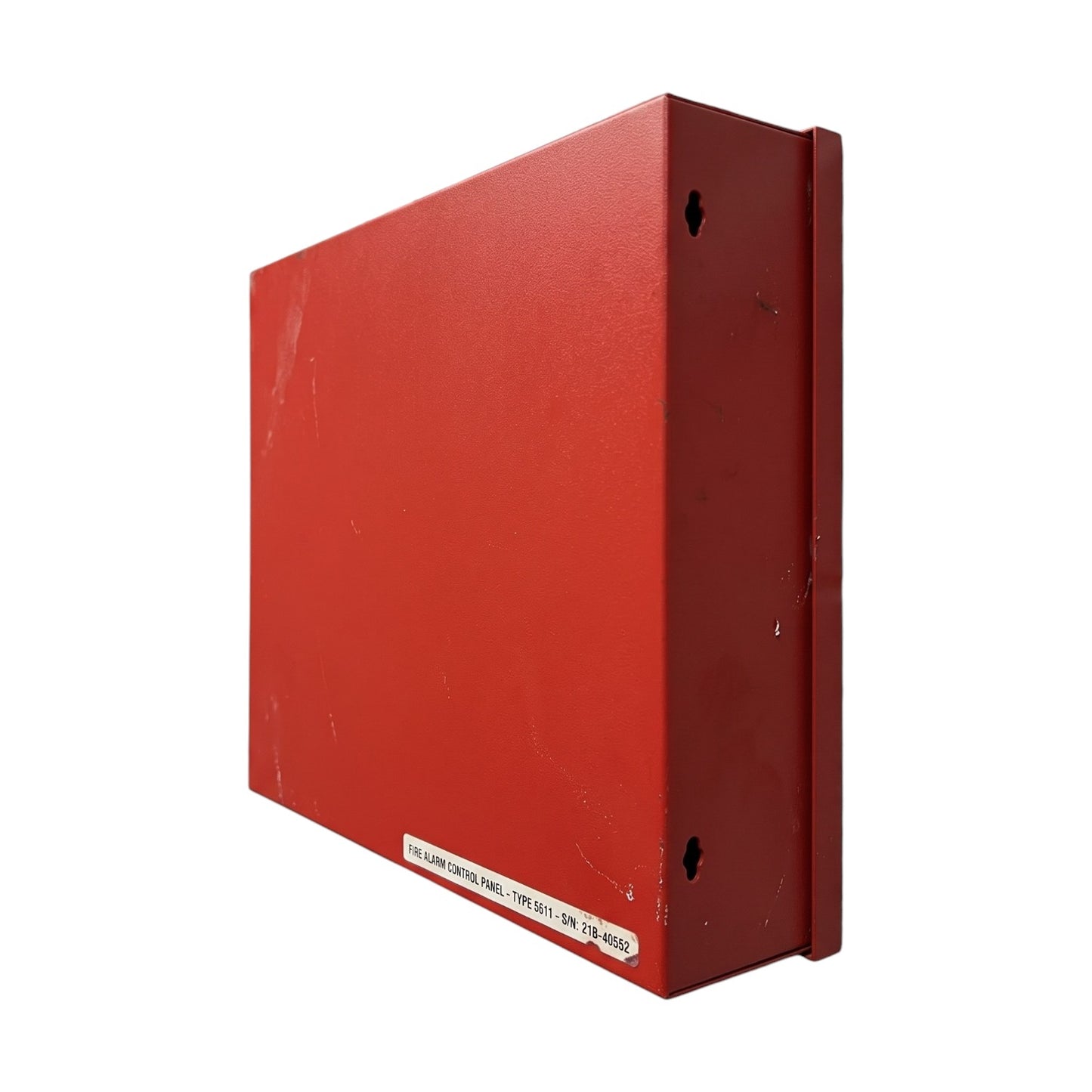 A red metal fire alarm control panel enclosure box shown at an angle on a white background.