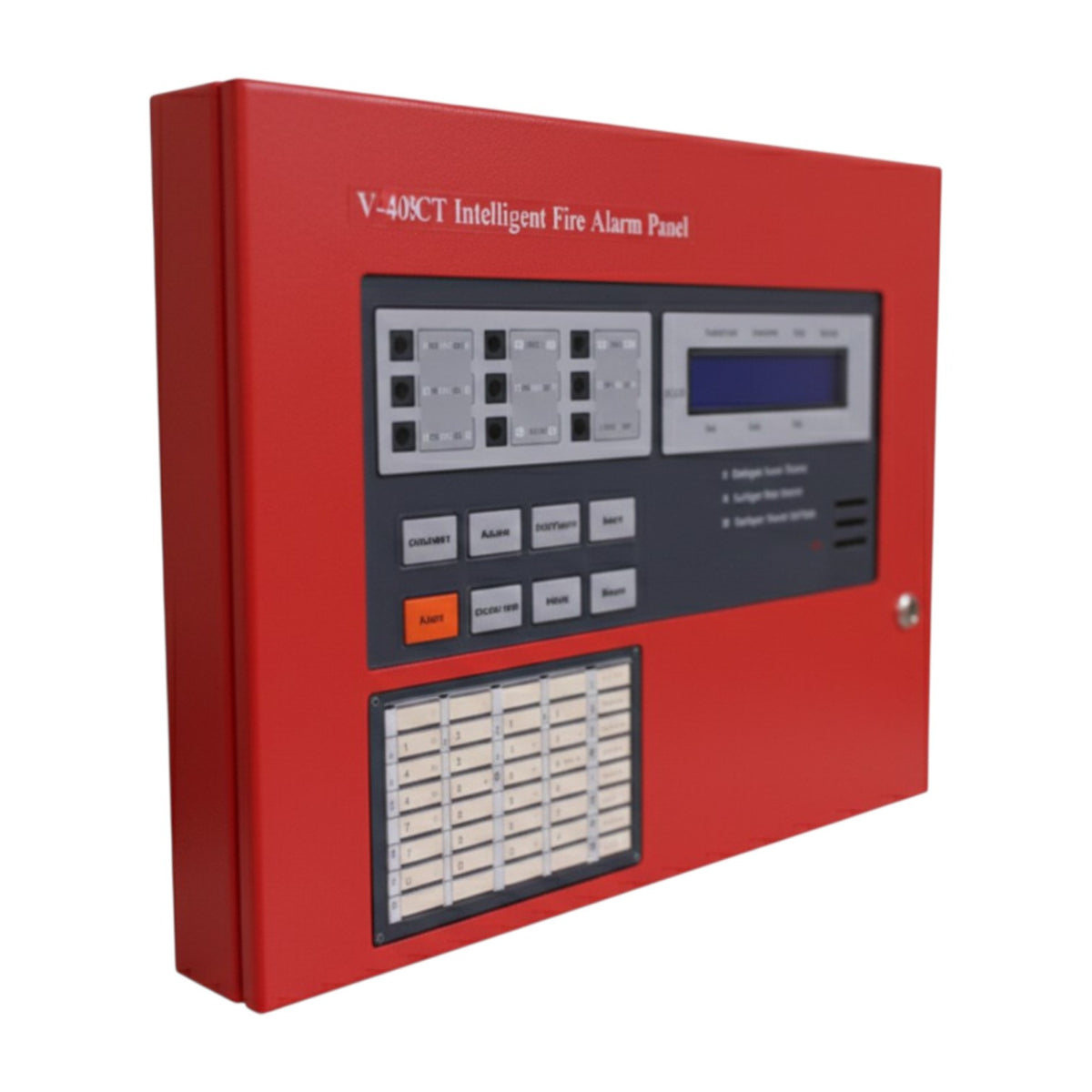 A red V-40CT Intelligent Fire Alarm Panel with a dark gray control faceplate, digital display screen, and multiple buttons, shown on a plain white background.
