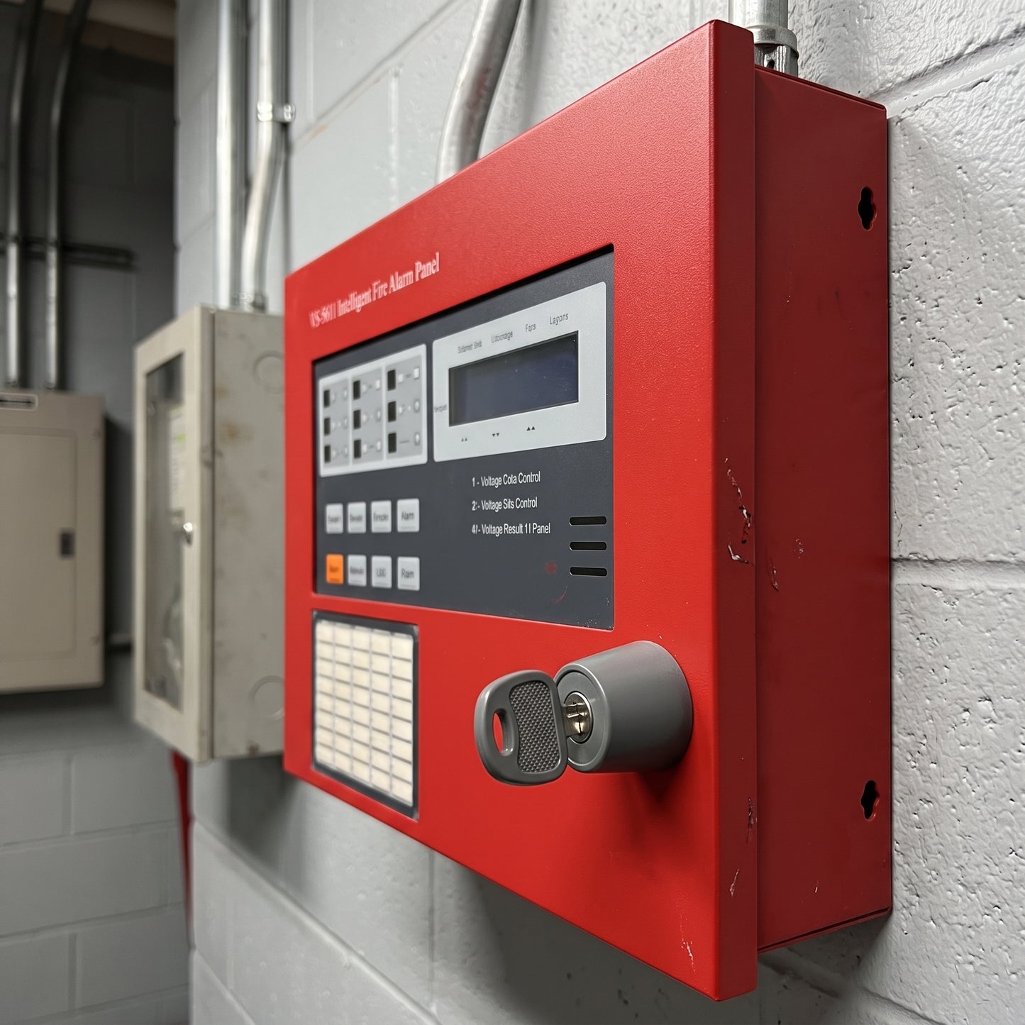 A red industrial smart fire alarm panel mounted on a light gray concrete block wall, featuring a front control display, keypad, and a key cylinder lock.