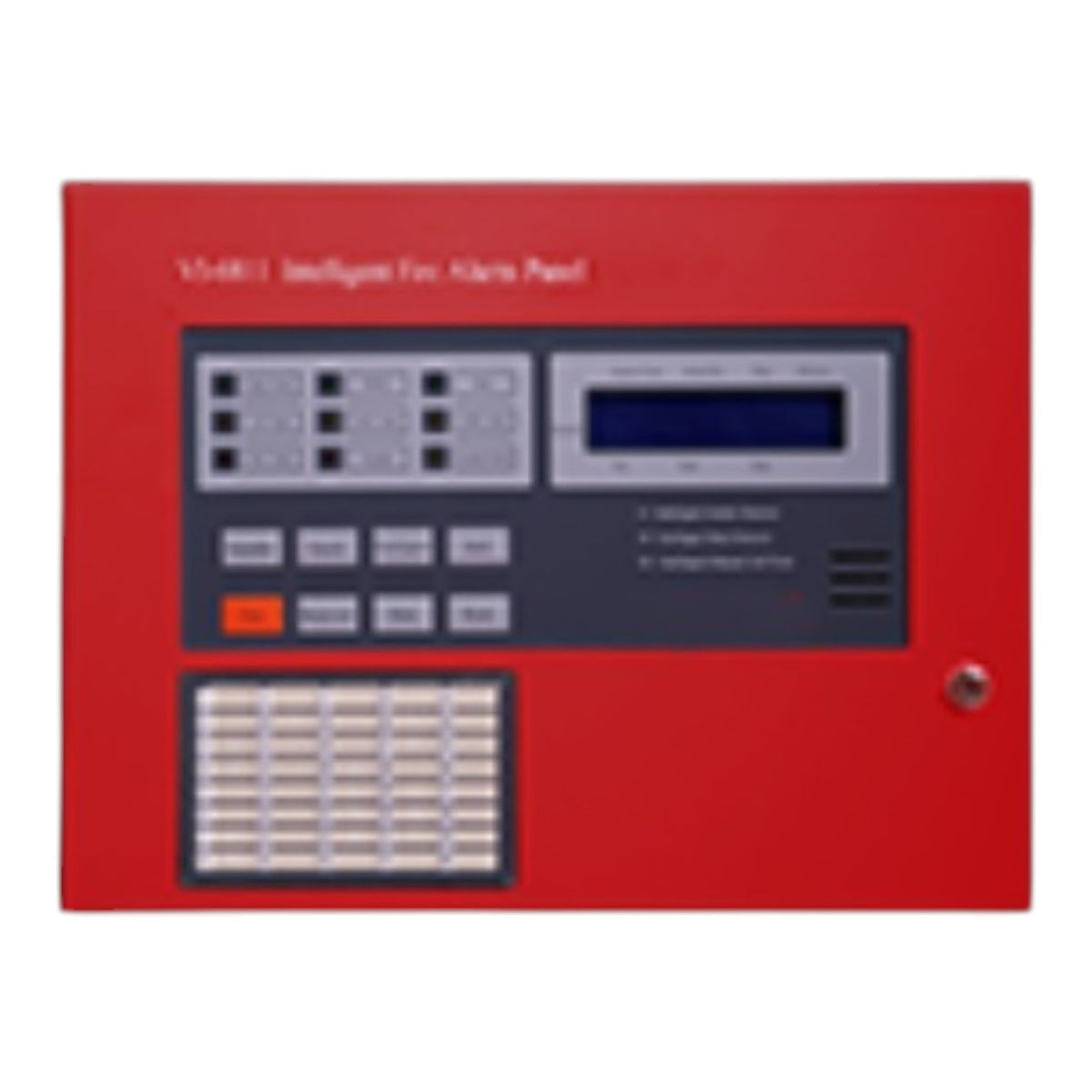 A red fire alarm panel with a dark gray control interface, digital display screen, buttons, and a grid of small indicator lights, shown against a plain white background.