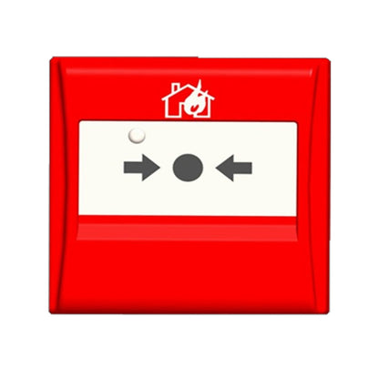 A red fire alarm call point panel with a white center label showing a house icon, a small round sensor, and left and right arrow buttons.
