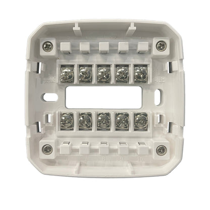 A white plastic electrical terminal block with 10 screw terminals and metal contact points, shown from a top-down view on a white background.