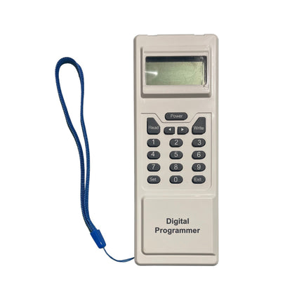 A beige digital programmer handheld device with a small LCD screen, numeric keypad, and a blue wrist strap, shown on a plain white background.