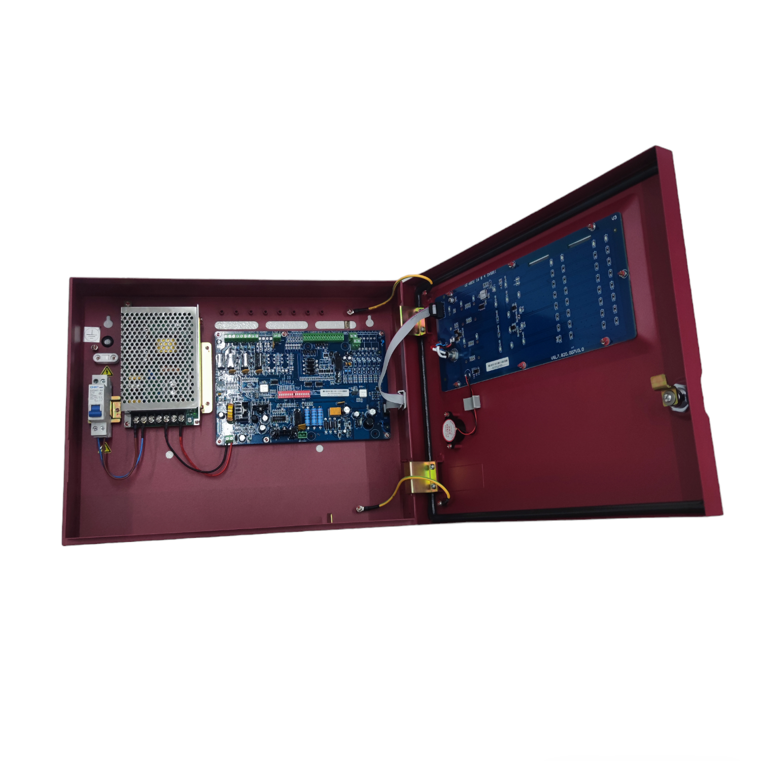 VSAIL Control Panel Conventional Type fire alarm system with open red metal casing and internal circuit boards