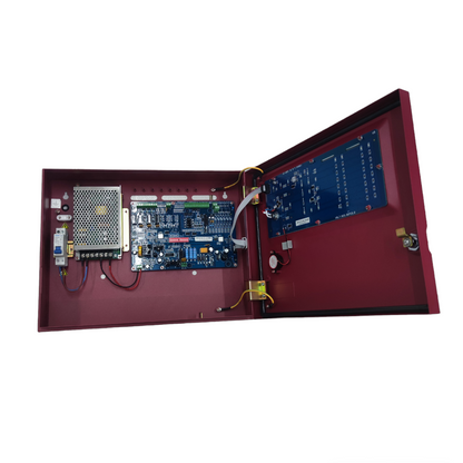 VSAIL Control Panel Conventional Type fire alarm system with open red metal casing and internal circuit boards
