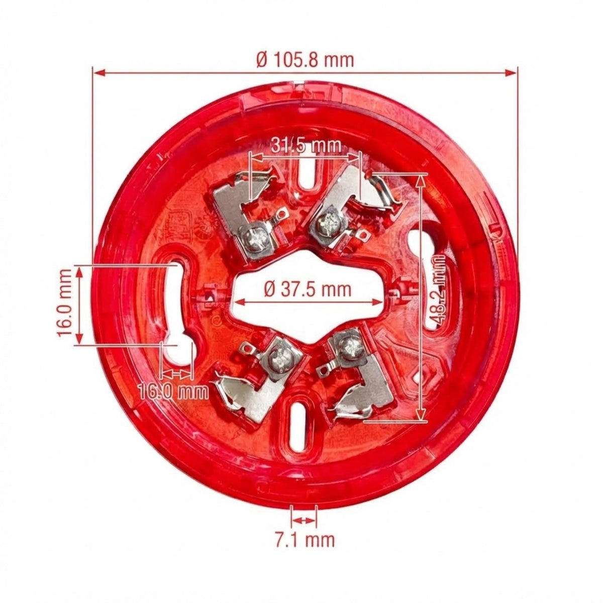 A red circular plastic component with metal terminal pieces and overlaid dimension lines and text showing measurements such as Ø 105.8 mm, Ø 37.