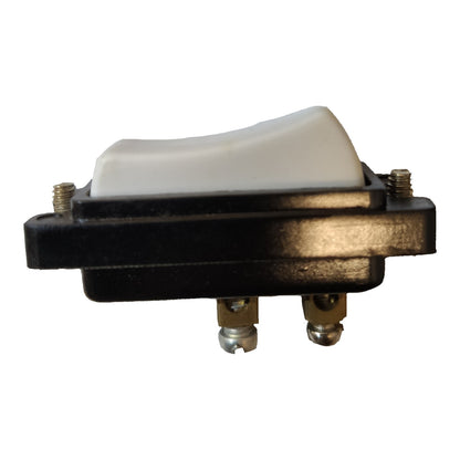 A single-pole single-throw (SPST) toggle switch with a white plastic lever and a black metal base, shown against a plain white background.