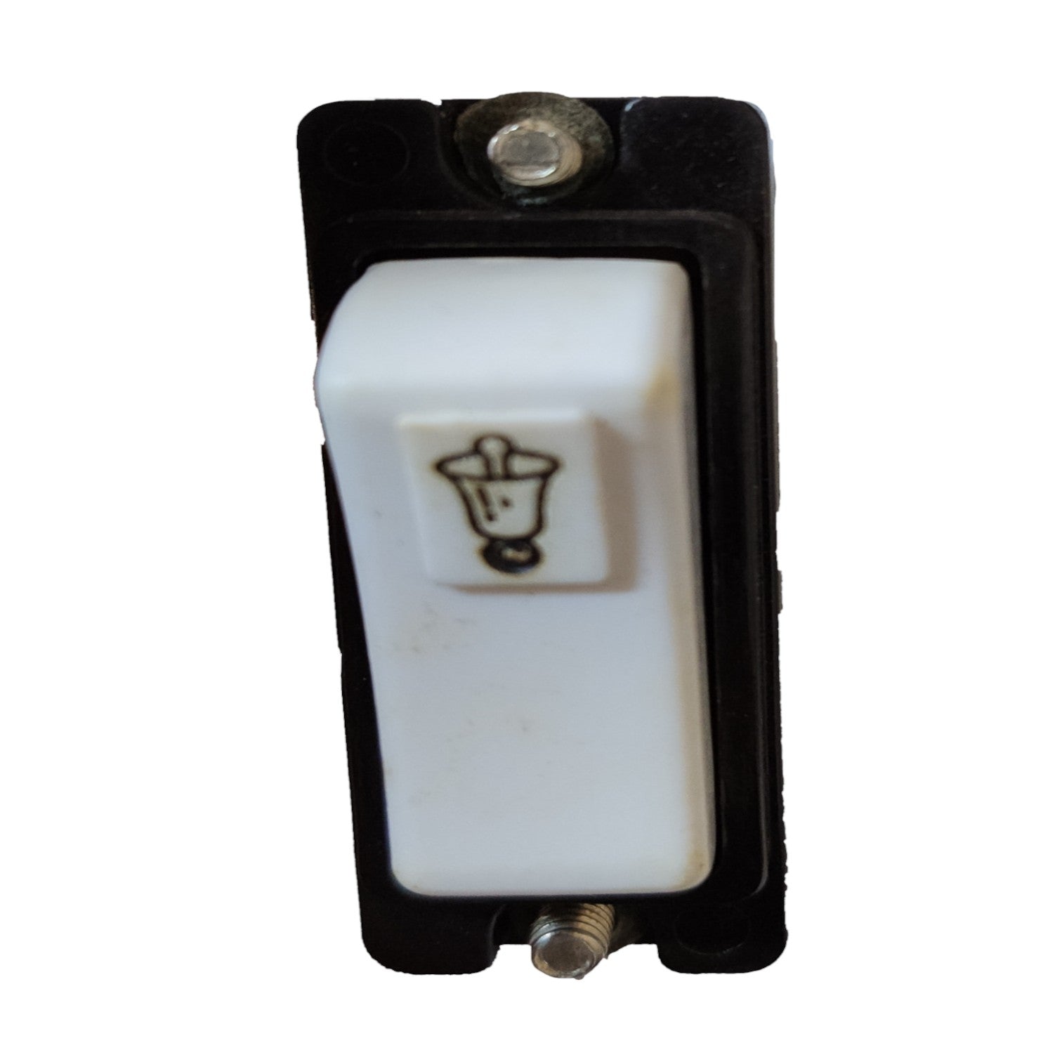 A vintage-style single-pole switch with a white plastic front faceplate featuring a black bell icon, set in a black plastic housing with two metal screw terminals.