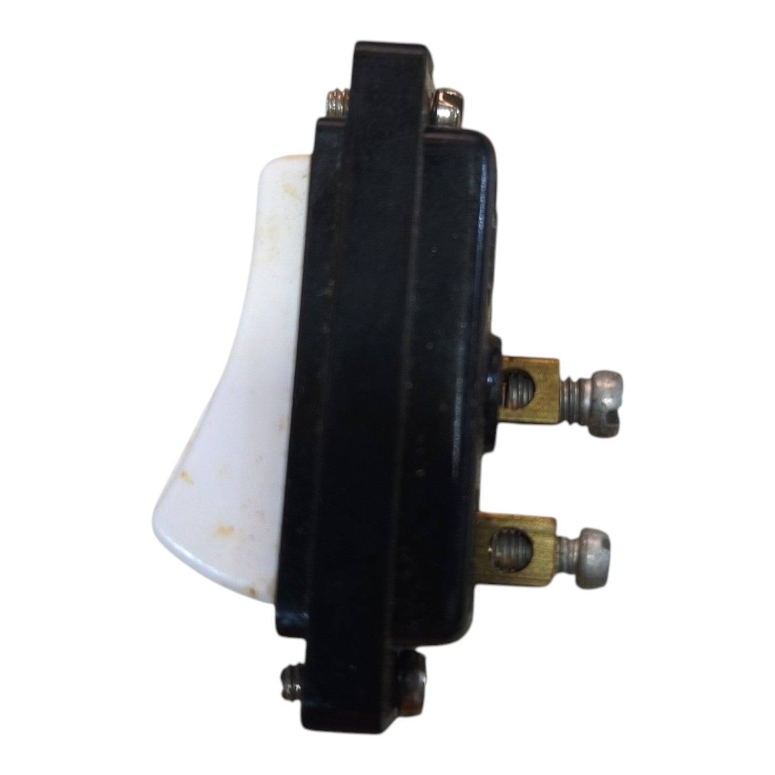 A single-pole switch with a white plastic lever and a black metal housing, featuring two brass screw terminals on one side and a third terminal on the other, shown against a plain white background.