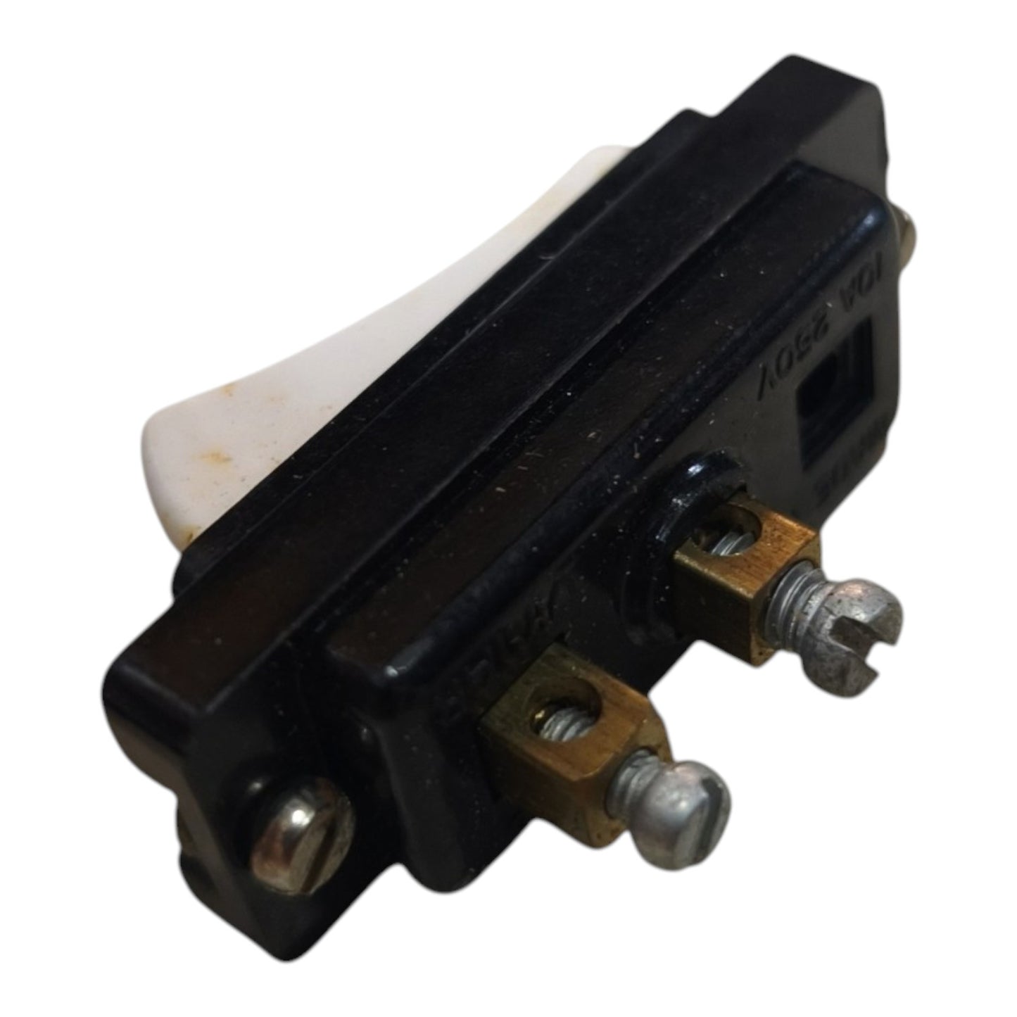 A black plastic electrical switch with a white lever and two screw terminals, shown on a white background.