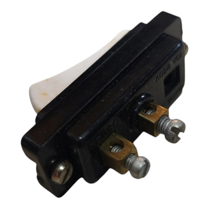 A black plastic electrical switch with a white lever and two screw terminals, shown on a white background.