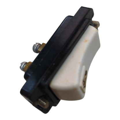 A small electrical switch component with a black plastic housing, a cream-colored lever, and brass screw terminals, shown on a plain white background.