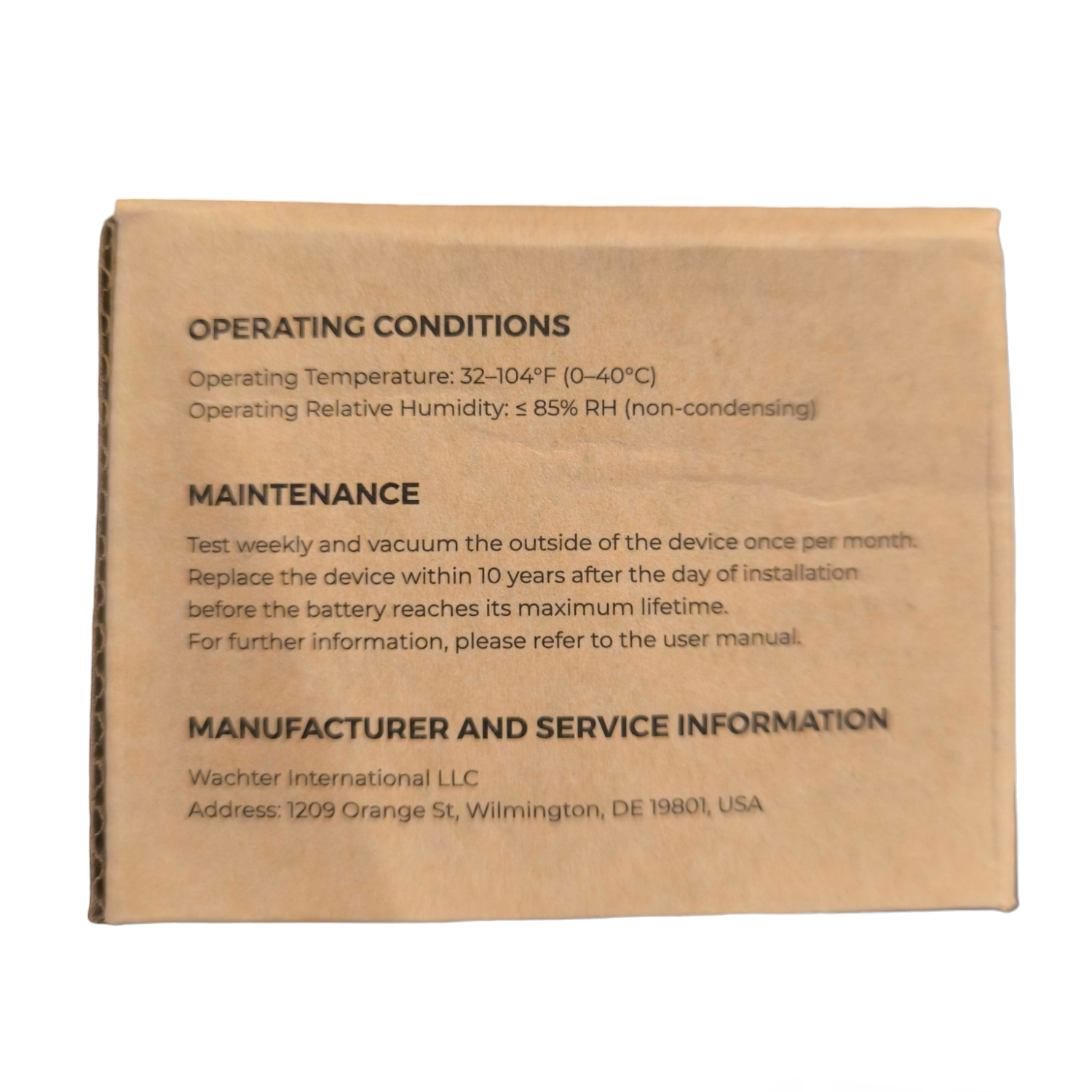 Watcher Photoelectric Smoke Alarm With Battery packaging box showing operating conditions and maintenance instructions