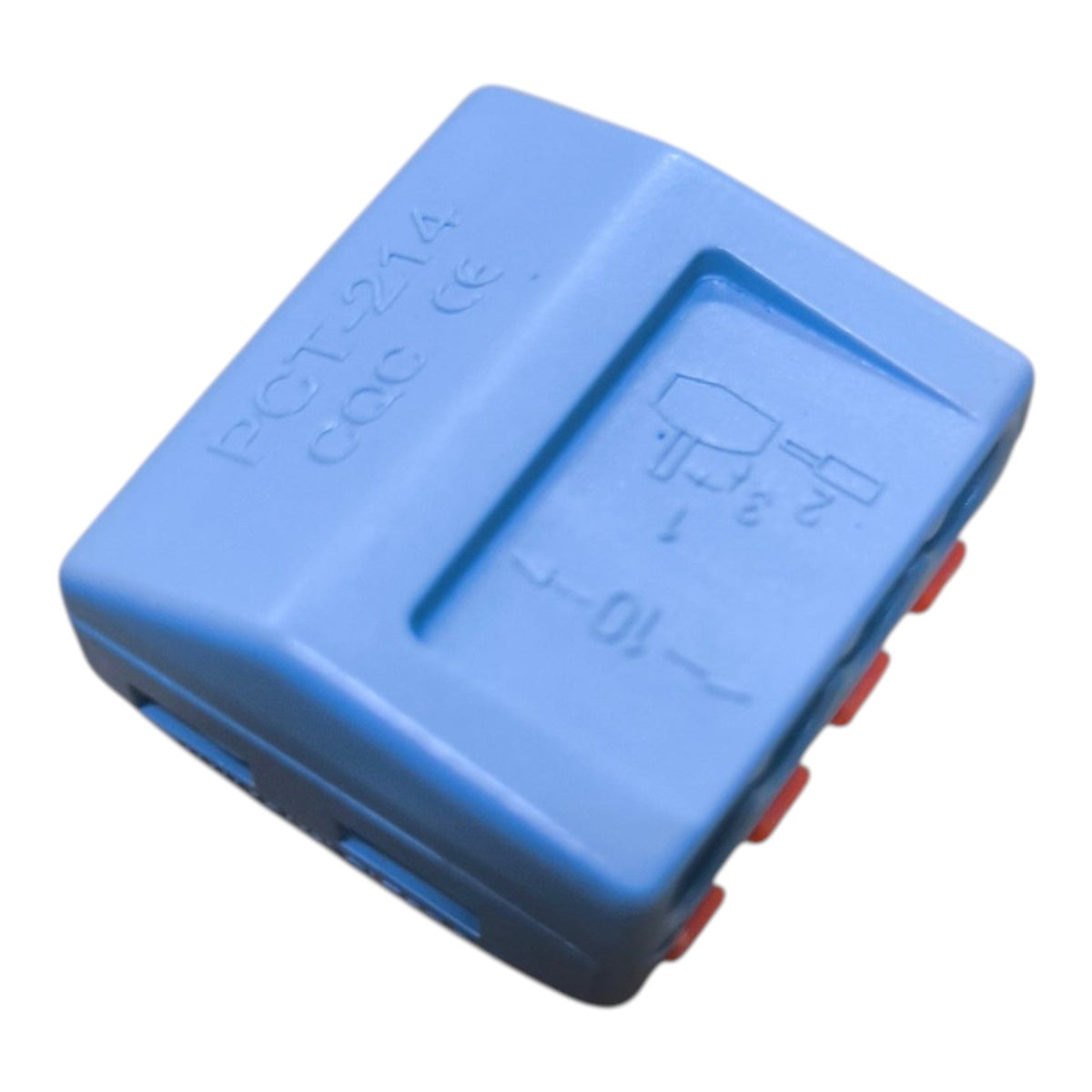 Blue rectangular electronic component with text and symbols on a white background