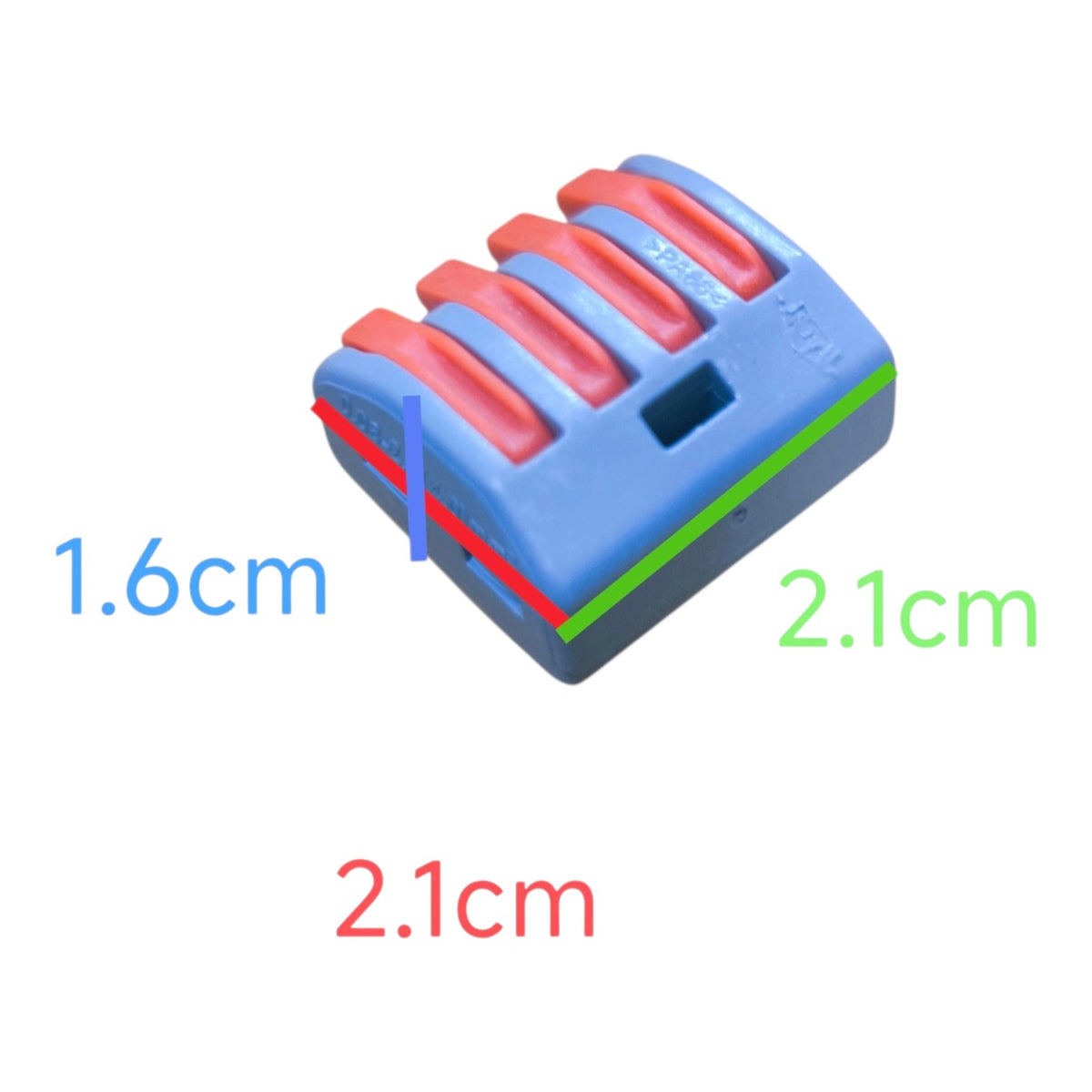 Blue and red device with measurements on a white background