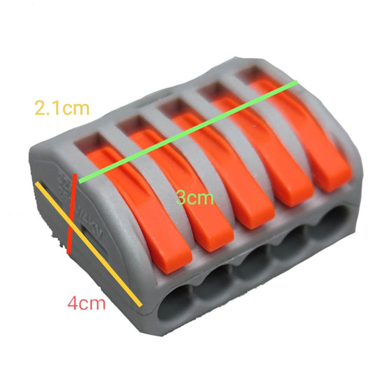 Gray and orange electrical connector with measurements on a white background