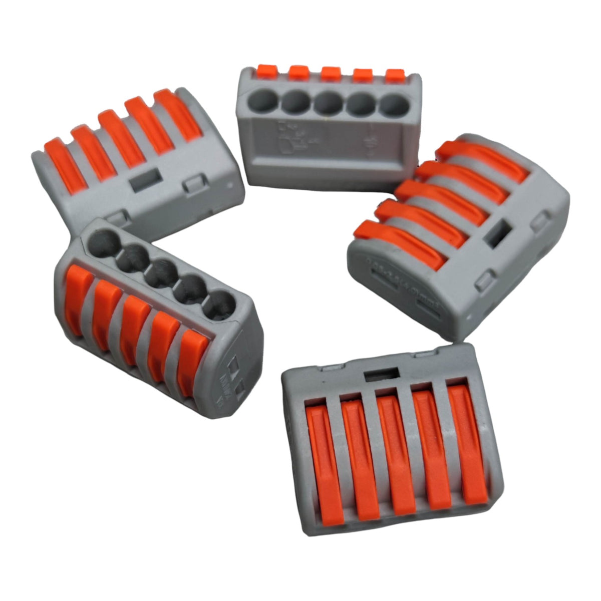 Five gray and orange connectors on a white background