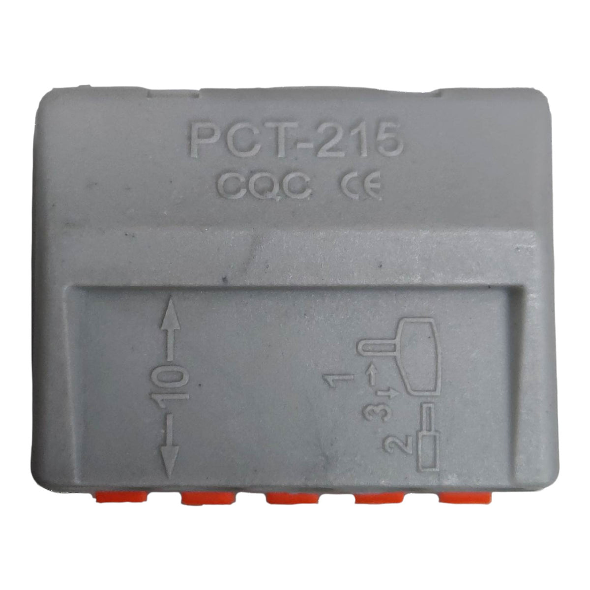 Gray plastic component with 'PCT-215' and 'CQC' markings on a white background