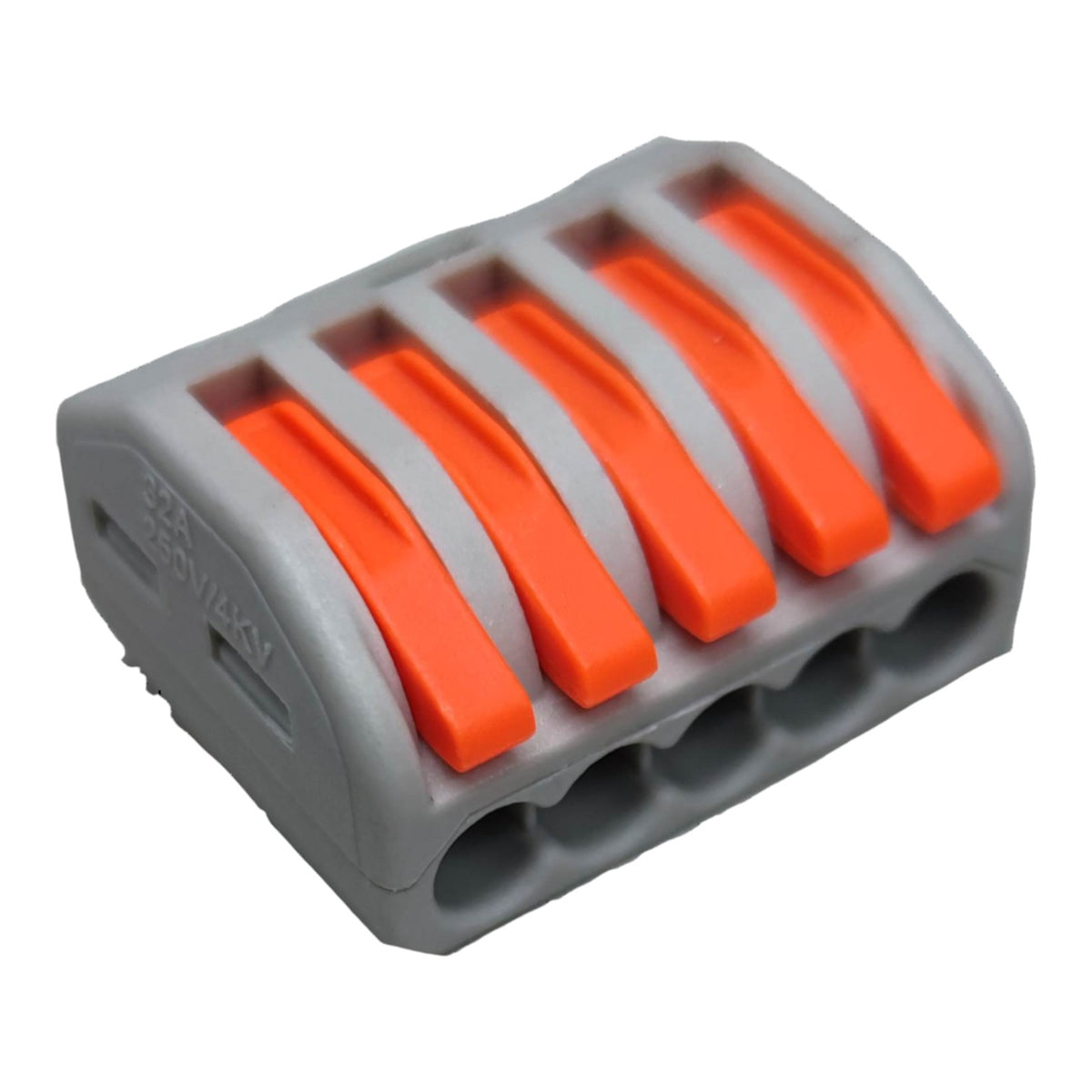 Gray and orange electrical connector on a white background